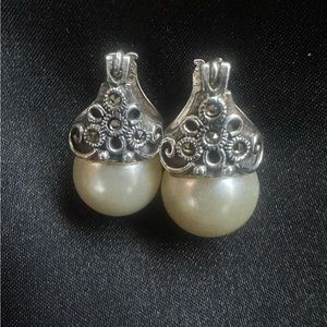 In Box! Sterling Silver Earrings with Marcasite and Pearl. TIMELESS! CLASSY!